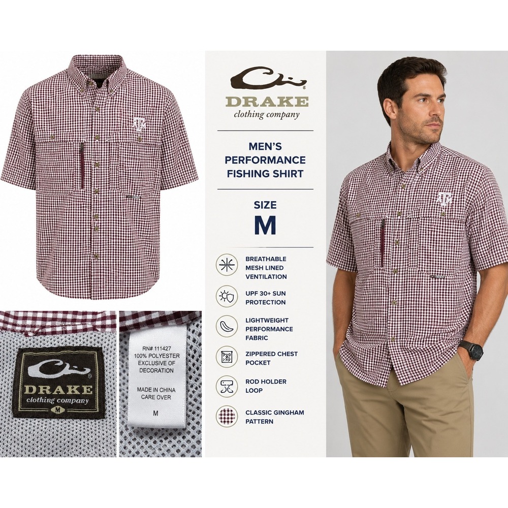 Drake Texas A&M Performance Fishing Shirt Mens Medium Maroon Gingham UPF 30+